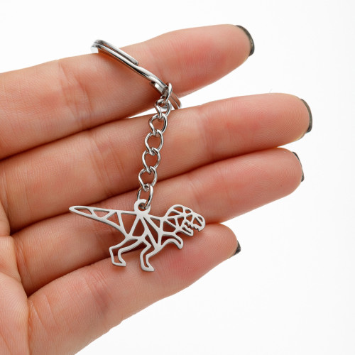 2025 Stainless Steel New Hollow Origami Cartoon Little Dinosaur Pendant Keychain Jewelry Hanging Chain Wholesale