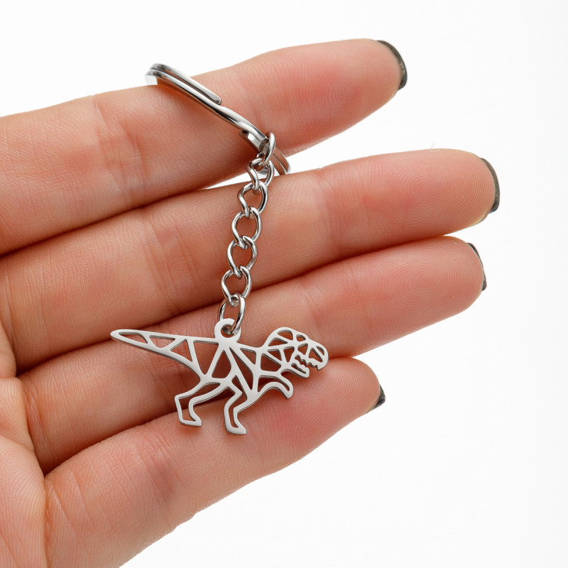2025 Stainless Steel New Hollow Origami Cartoon Little Dinosaur Pendant Keychain Jewelry Hanging Chain Wholesale
