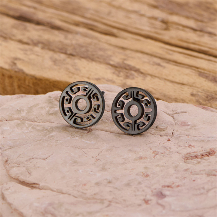 2025 New Retro Copper Coin Earrings INS New Chinese Style Stainless Steel Cut Pattern Geometric Round Earrings In Stock