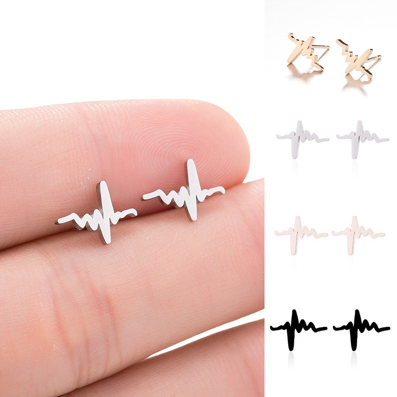 Geometric Summer New Stainless Steel Japanese and Korean Simple Heart Electrocardiogram Ear Bone Stud Ins Couple Temperament Jewelry