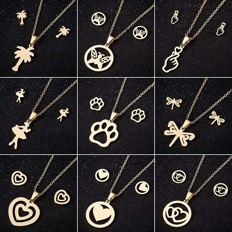 European and American Foreign Trade New Cartoon Animal Three-Piece Set Fashion Geometric Gesture Heart Necklace Earrings Jewelry