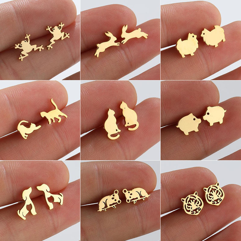 Foreign Trade Cross-Border Stainless Steel Cute Animal Earrings Ins Fashion Cat Rabbit Alpaca Pig Earrings Wholesale