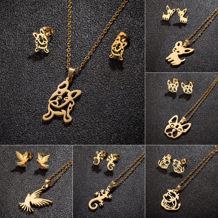 Stainless Steel Jewelry Three-Piece Set Animal Pug Chihuahua Gecko Bird Necklace Earrings Set, Jewelry Sets