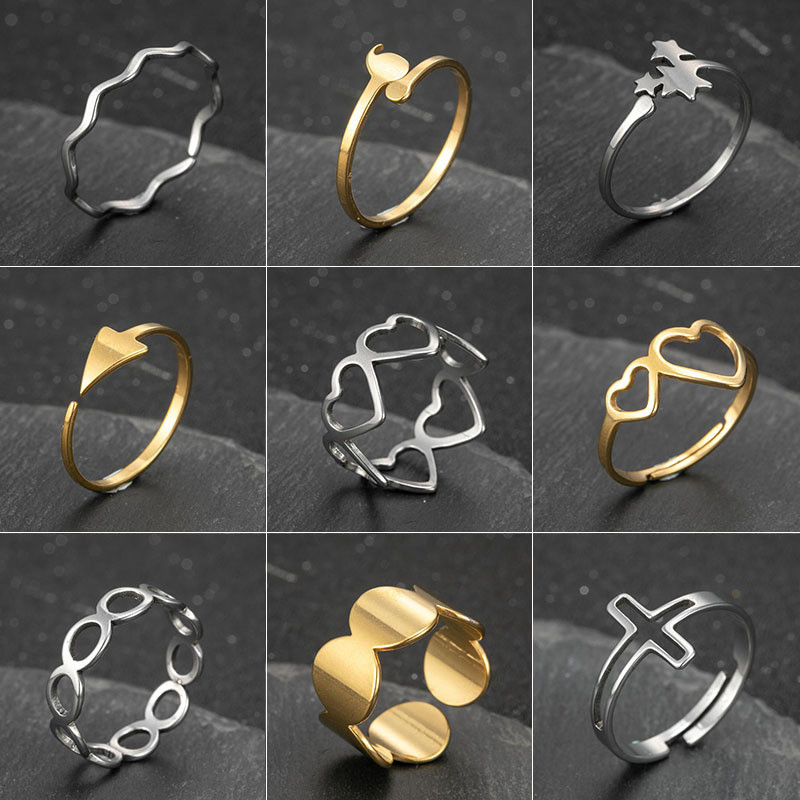 Cross-Border New Japanese and Korean Open Heart Ring for Women Geometric Simple Stainless Steel Hollow Couple Rings Wholesale