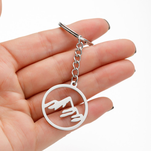 Minimalist Stainless Steel Keychain European and American Style Simple Geometric Round Hollow Snow Mountain Peak Pendant Accessory Hanging Ornament