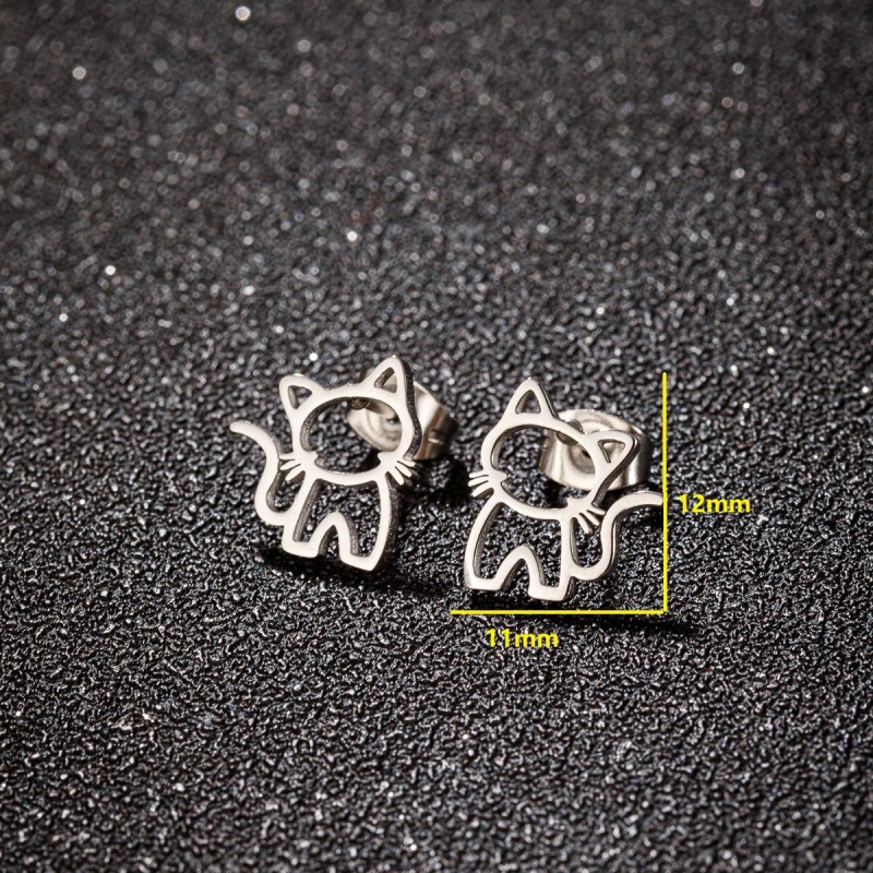 European and American Cross-Border Jewelry Stainless Steel Simple Women's Cartoon Cute Small Animal Hollow Pet Cat Earrings Wholesale