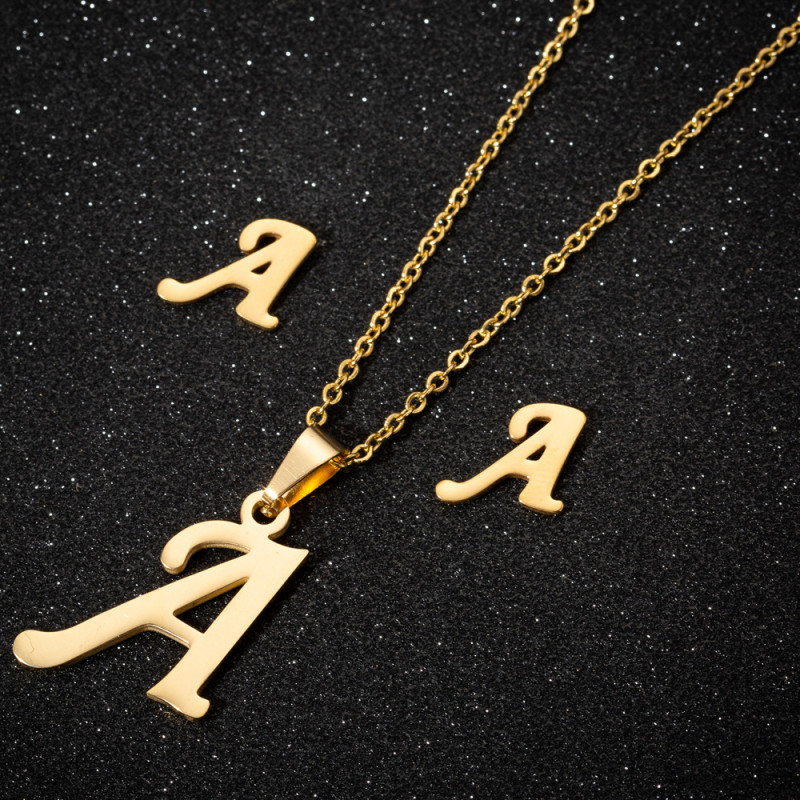 Stainless Steel 26 Letter Pendant Necklace Set European and American New Style Earrings Women's Letter Necklace Niche Accessories Wholesale