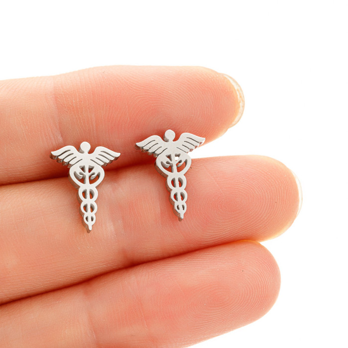 Vintage Stainless Steel Snake Staff Wing Earrings Fashion Medical Symbol Nurse Doctor Pendant Titanium Steel Jewelry Wholesale