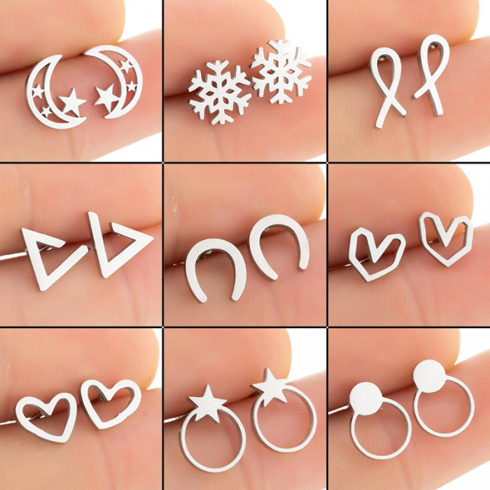 European and American Cross-Border Christmas New Geometric Round Earrings Simple Star Moon Heart Stud Earrings Stainless Steel Snowflake Earrings