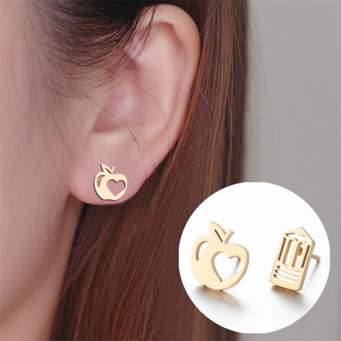 Korean and Japanese Style Stainless Steel Simple Personality Fruit Small Earrings Fashion Simple Strawberry Apple Asymmetric Ear Bone Studs