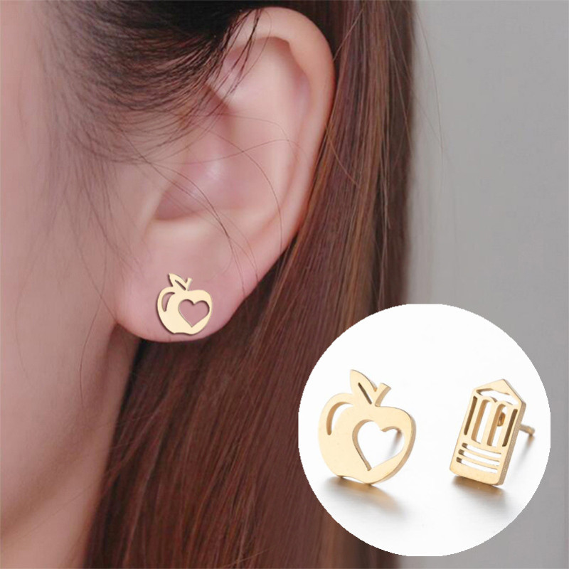 Korean and Japanese Style Stainless Steel Simple Personality Fruit Small Earrings Fashion Simple Strawberry Apple Asymmetric Ear Bone Studs