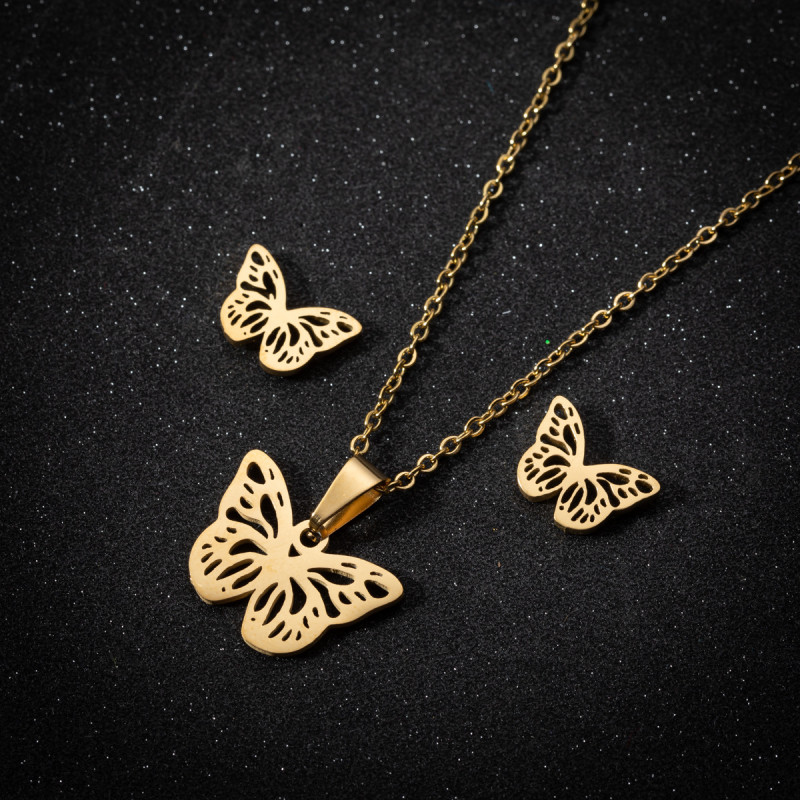 Fashion Butterfly Necklace for Women, Light Luxury Niche Design, Stainless Steel New Jewelry, Cute Insect Earrings Three-Piece Set