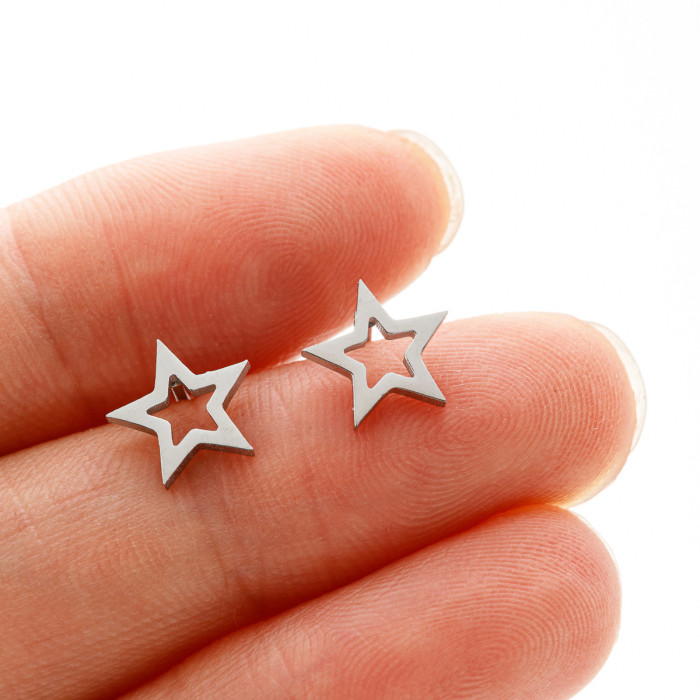 Fashion Stainless Steel Cut Hollow Five-Pointed Star Earrings French Style Fresh Simple Star Women's Versatile Ear Bone Studs
