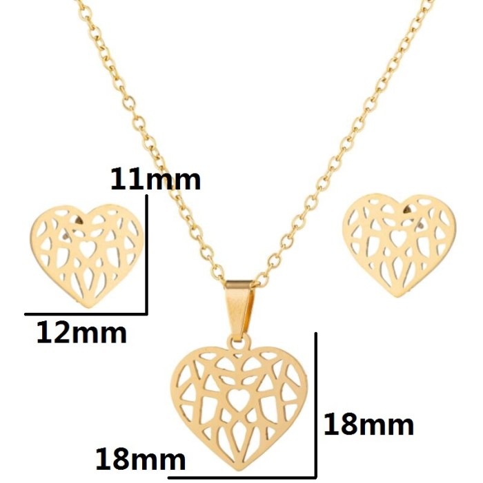 European and American Style Stainless Steel Geometric Simple Pendant Necklace Fashionable Personality Hollow Origami Heart-shaped Earrings Three-piece Set