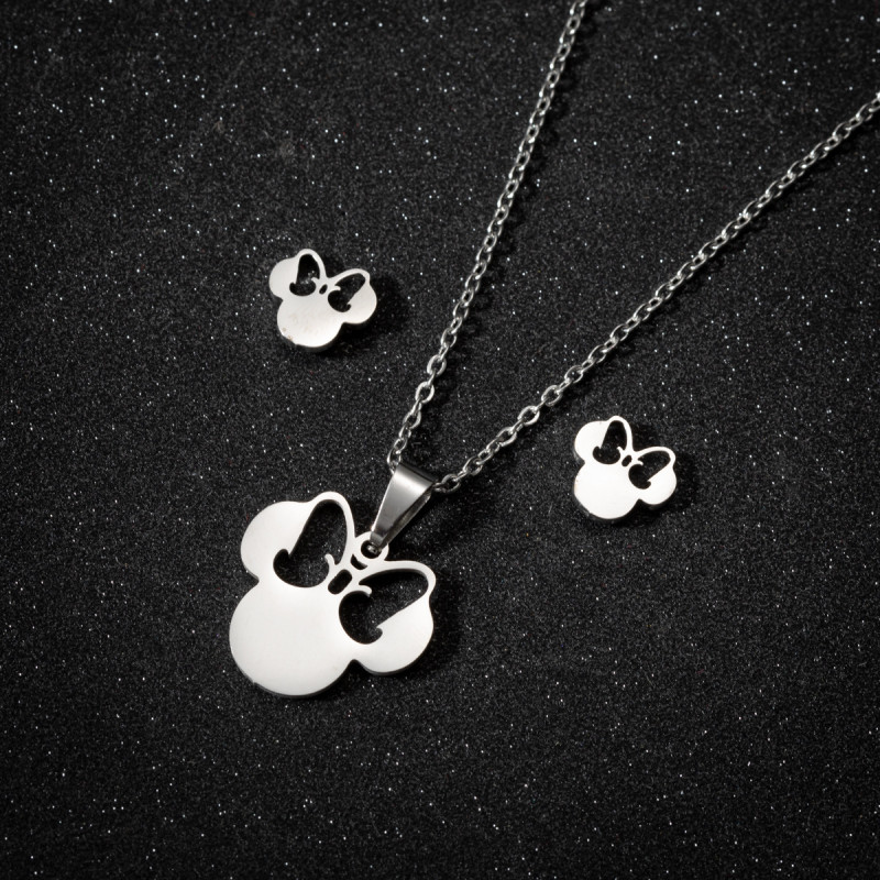 Korean Version Cute Mickey Mouse Earrings for Women, Personalized Fashion Stainless Steel Pendant Clavicle Chain Fresh Jewelry Set