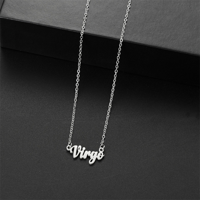 Simple Stainless Steel 12 Zodiac Necklace 18K Versatile Retro English Zodiac Pendant Jewelry Wholesale