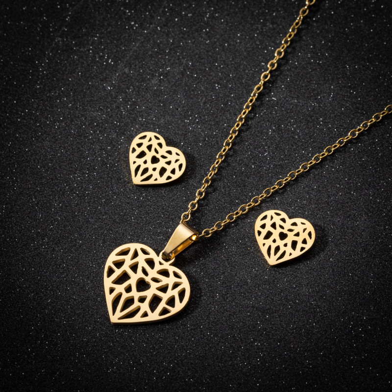 European and American Style Stainless Steel Geometric Simple Pendant Necklace Fashionable Personality Hollow Origami Heart-shaped Earrings Three-piece Set