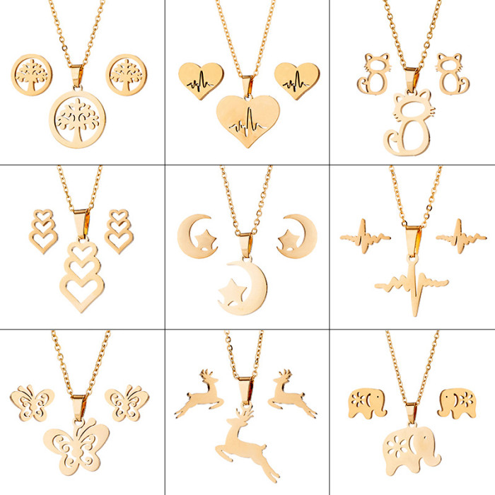 Women's New Personalized Stainless Steel Animal Series Necklace Earrings Fashion Simple Jewelry Set Wholesale