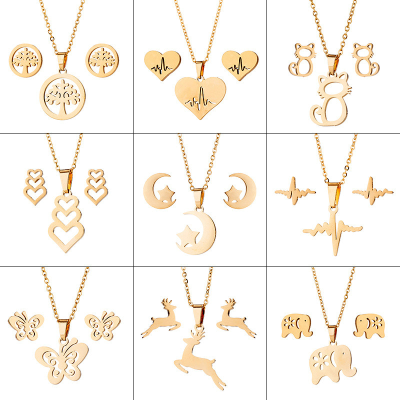 Women's New Personalized Stainless Steel Animal Series Necklace Earrings Fashion Simple Jewelry Set Wholesale