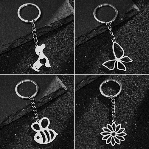 Classic Handmade Stainless Steel Keychain Pendant Simple Little Bee Pet Dog Butterfly Pattern Ornament In Stock Wholesale