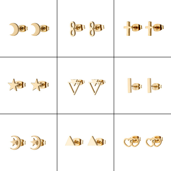 18K Gold Electroplated Stainless Steel Geometric Simple Earrings INS Women's Mini Small Star Moon Triangle Earrings