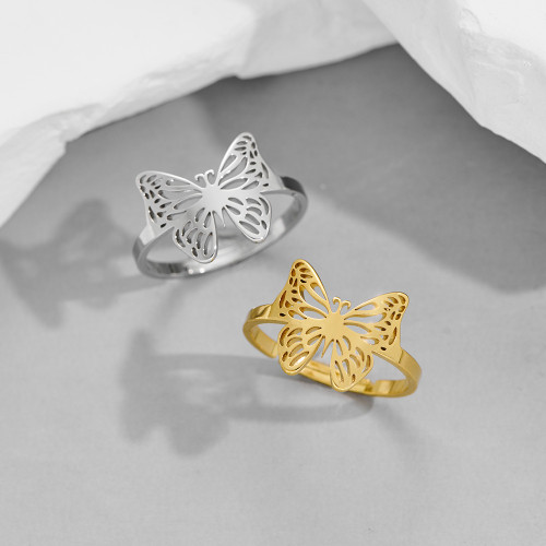 Korean Style New Butterfly Ring for Women Fashionable Light Luxury Niche Design Sense Stainless Steel Hollow Ring Cross-Border Wholesale