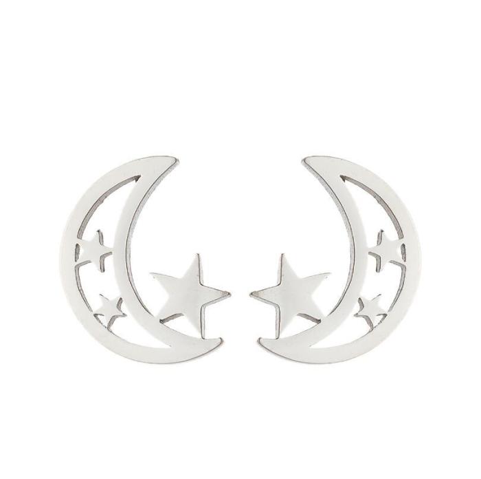 European and American Cross-Border Christmas New Geometric Round Earrings Simple Star Moon Heart Stud Earrings Stainless Steel Snowflake Earrings