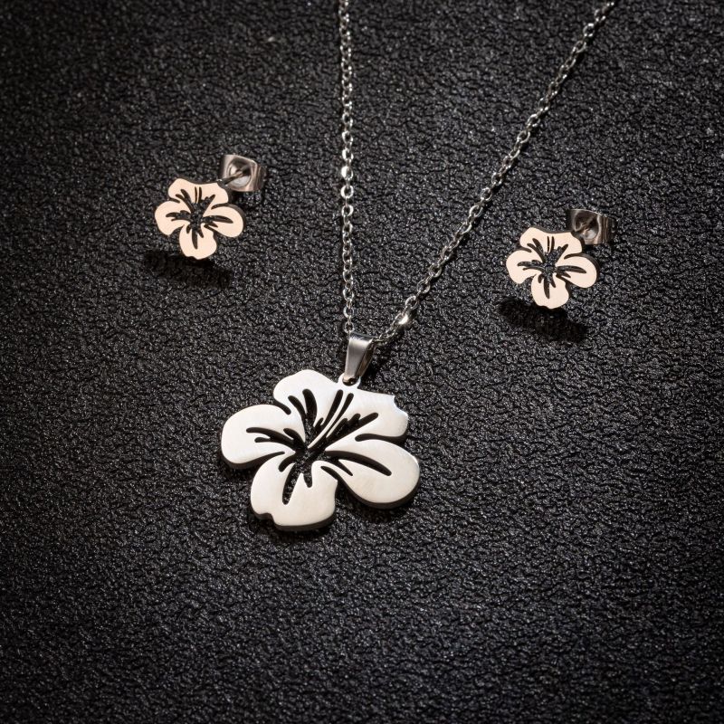 Cross-Border Simple New Korean Style Short Necklace Stainless Steel Floral Earrings Women's Fashion Accessories Set Wholesale