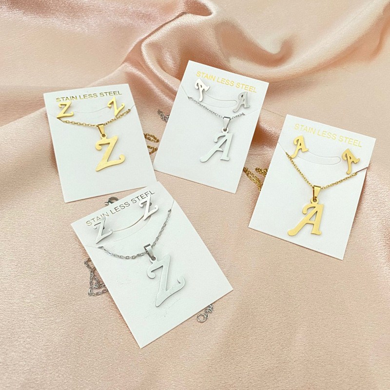 Stainless Steel 26 Letter Pendant Necklace Set European and American New Style Earrings Women's Letter Necklace Niche Accessories Wholesale