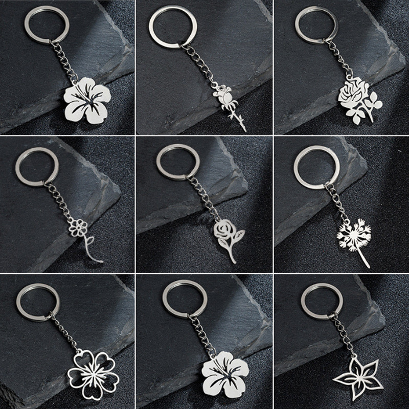 Amazon Metal Stainless Steel Keychain Bag Pendant Fashion Creative Fashion Plant Stamen Rose Flower