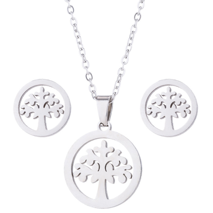 Spring and Summer New Women's European and American Style Plant Set Tree of Life Necklace Earrings Cactus Three-Piece Set In Stock Wholesale