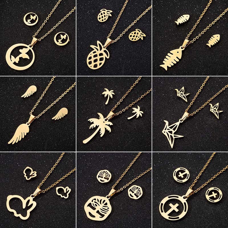 European and American Cross-Border New Rabbit Origami Crane Pendant Necklace Earrings Jewelry Set Vintage 18K Gold Plated Wholesale