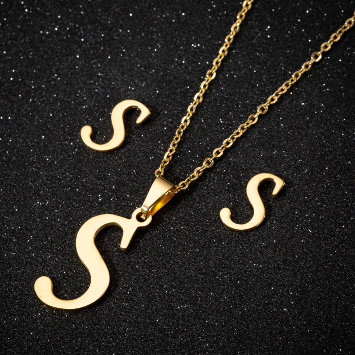 Stainless Steel 26 Letter Pendant Necklace Set European and American New Style Earrings Women's Letter Necklace Niche Accessories Wholesale