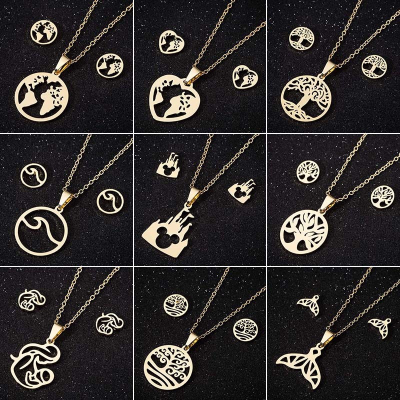 Mom Holding Child Necklace Earring Set Ins Cross-Border Fashion 18K Gold Heart Geometric Simple Three-Piece Jewelry Set