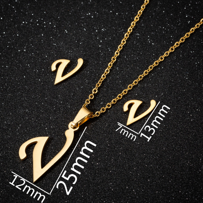 Stainless Steel 26 Letter Pendant Necklace Set European and American New Style Earrings Women's Letter Necklace Niche Accessories Wholesale