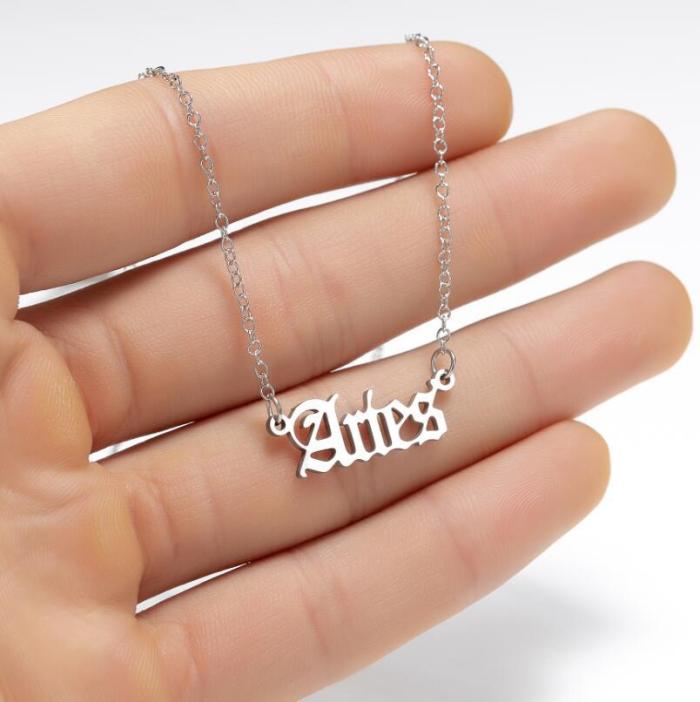 European and American Style New Simple Stainless Steel Twelve Constellations English Letter Sweater Necklace for Women Color Retention Collarbone Chain Versatile