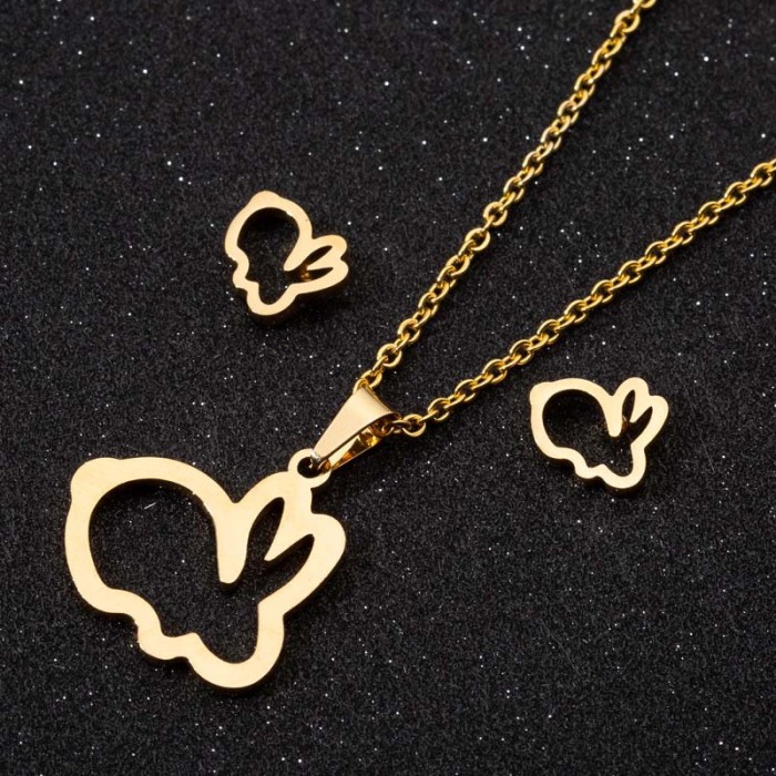 European and American Cross-Border New Rabbit Origami Crane Pendant Necklace Earrings Jewelry Set Vintage 18K Gold Plated Wholesale
