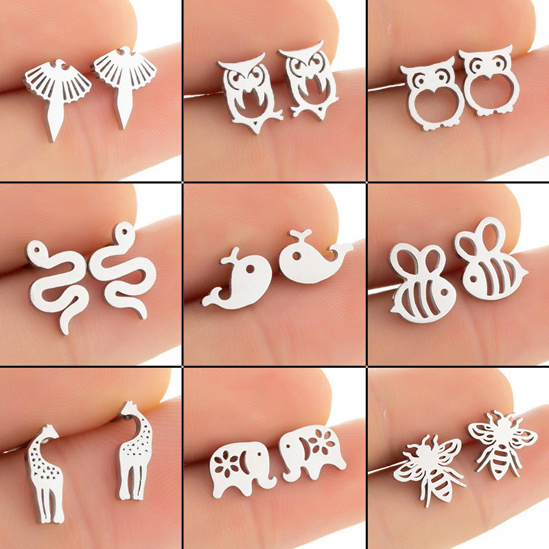 Giraffe Bee Whale Elephant Animal Earrings for Women Cute Simple Stainless Steel Phoenix Owl Ear Jewelry