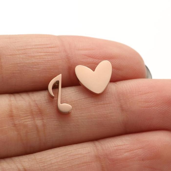 Korean Version 18K Earrings Vacuum Electroplated Stainless Steel Ear Bone Studs for Women Asymmetric Musical Note Heart Versatile Earrings In Stock