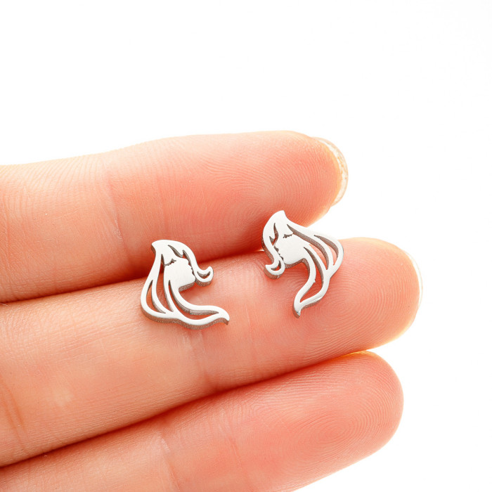 South Korea Autumn Creative New Sweet Hollow Long Hair Girl Earrings Stainless Steel Cartoon Cute Character Stud Earrings