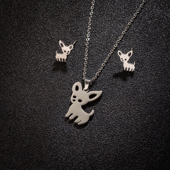 Stainless Steel Jewelry Three-Piece Set Animal Pug Chihuahua Gecko Bird Necklace Earrings Set, Jewelry Sets