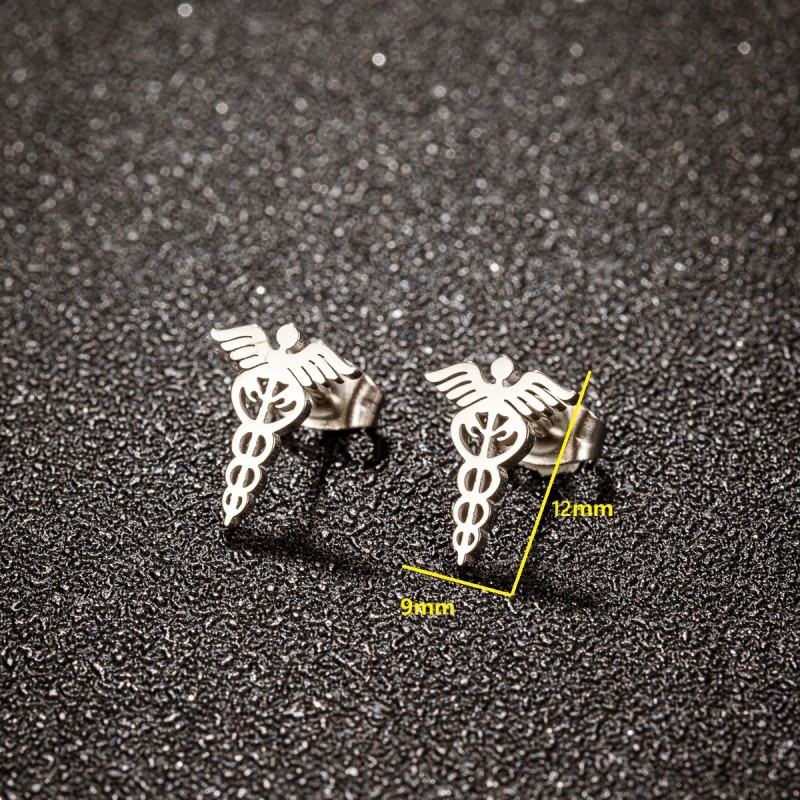 Vintage Stainless Steel Snake Staff Wing Earrings Fashion Medical Symbol Nurse Doctor Pendant Titanium Steel Jewelry Wholesale