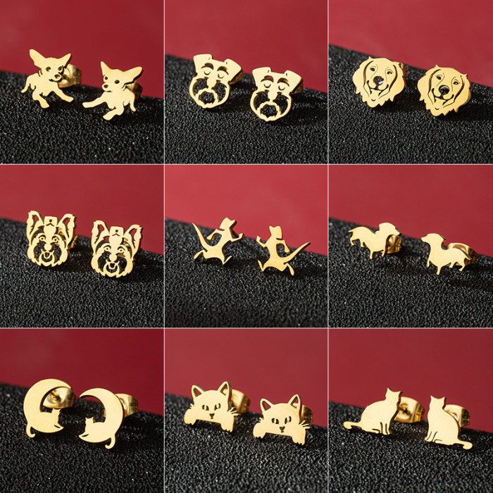 European and American Foreign Trade New Stainless Steel Zodiac Dog Mini Earrings for Women Fashion Cute Cat Ear Jewelry Wholesale