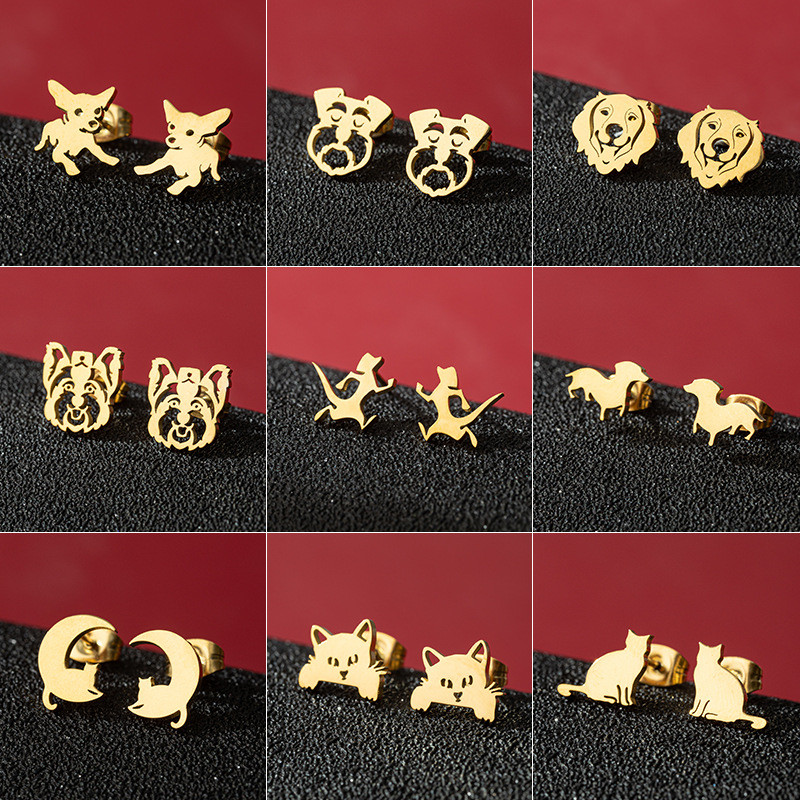 European and American Foreign Trade New Stainless Steel Zodiac Dog Mini Earrings for Women Fashion Cute Cat Ear Jewelry Wholesale