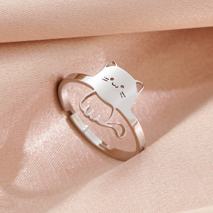 Japanese Style Fashion Personality Adjustable Open Ring Stainless Steel Cute Cat Women's Jewelry Cross-Border In Stock Wholesale