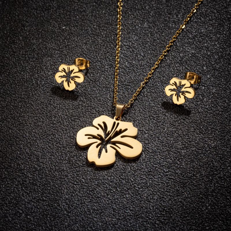 Cross-Border Simple New Korean Style Short Necklace Stainless Steel Floral Earrings Women's Fashion Accessories Set Wholesale