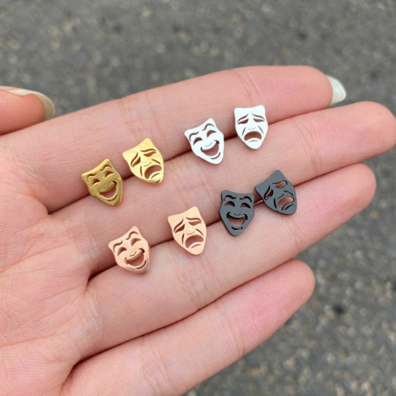 Fashion Black Smiley Face Earrings Ins Female Temperament Korean Simple Minimalist Style Asymmetric Crying Smiley Face Ear Bone Stud Ins