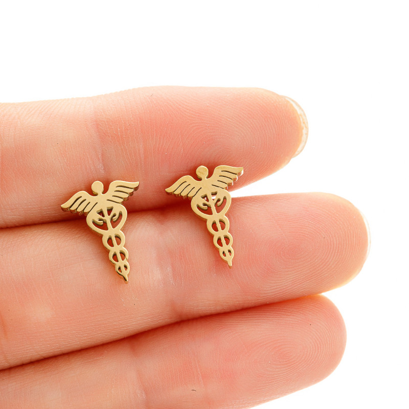 Vintage Stainless Steel Snake Staff Wing Earrings Fashion Medical Symbol Nurse Doctor Pendant Titanium Steel Jewelry Wholesale