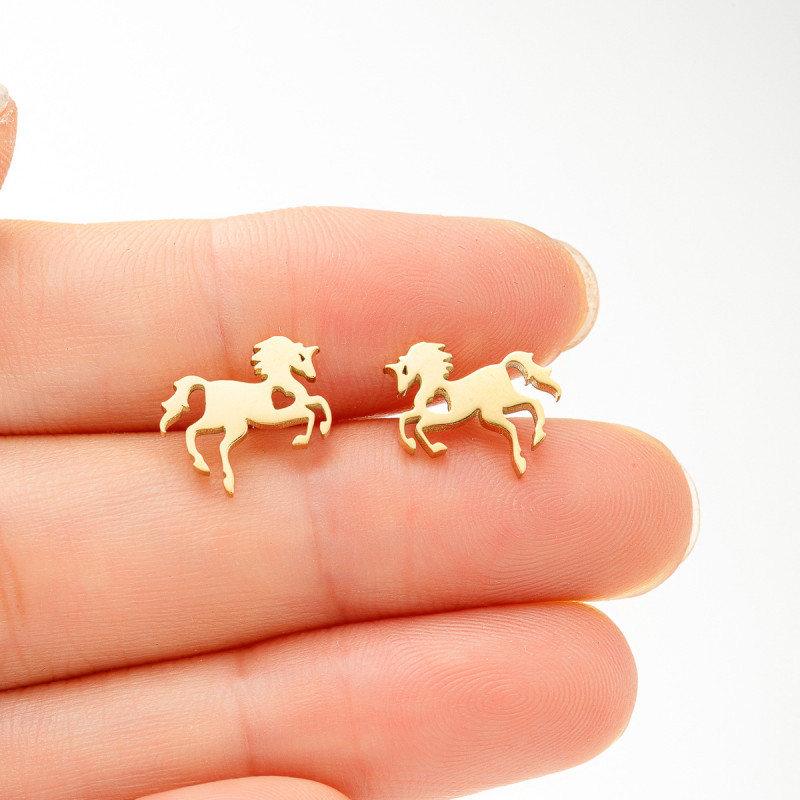 European and American Retro Design New Stainless Steel Simple Cute Small Animal Horse Earrings Niche Hollow Heart Ear Bone Studs