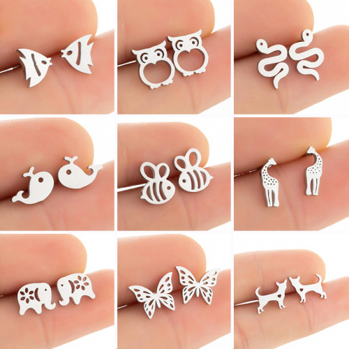 2025 Retro European and American Style Mini Stainless Steel Animal Earrings Cute Giraffe Snake Fish Rabbit Cat Ear Jewelry